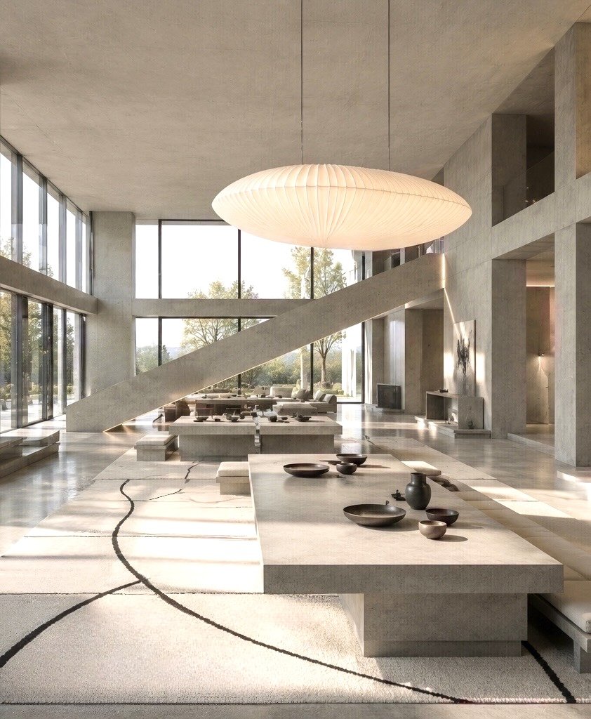 Woonkamer met betonnen wanden en grote hanglamp