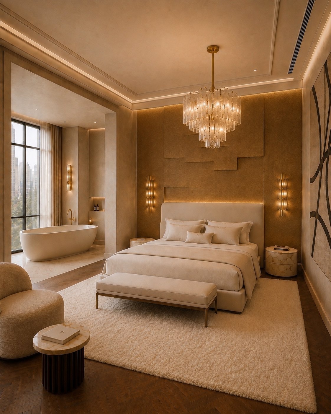 Interieur met bad en kroonluchter
